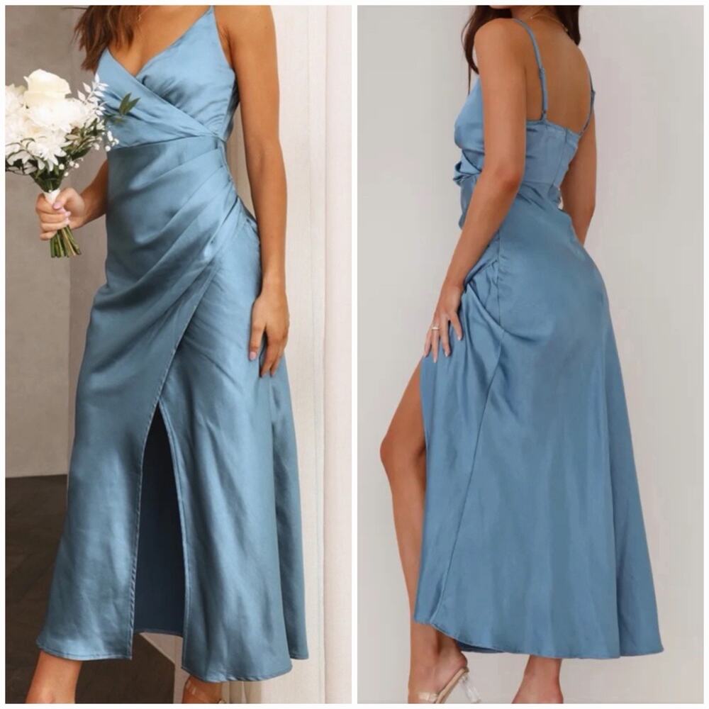 Billy J Blue Satin Wrap Maxi Dress 16  Side Slit Slip Formal Wedding Guest